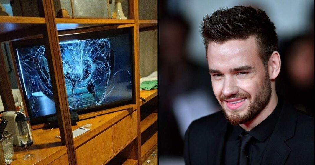 Composite image of a smashed television in an Argentinian hotel room and Liam Payne.