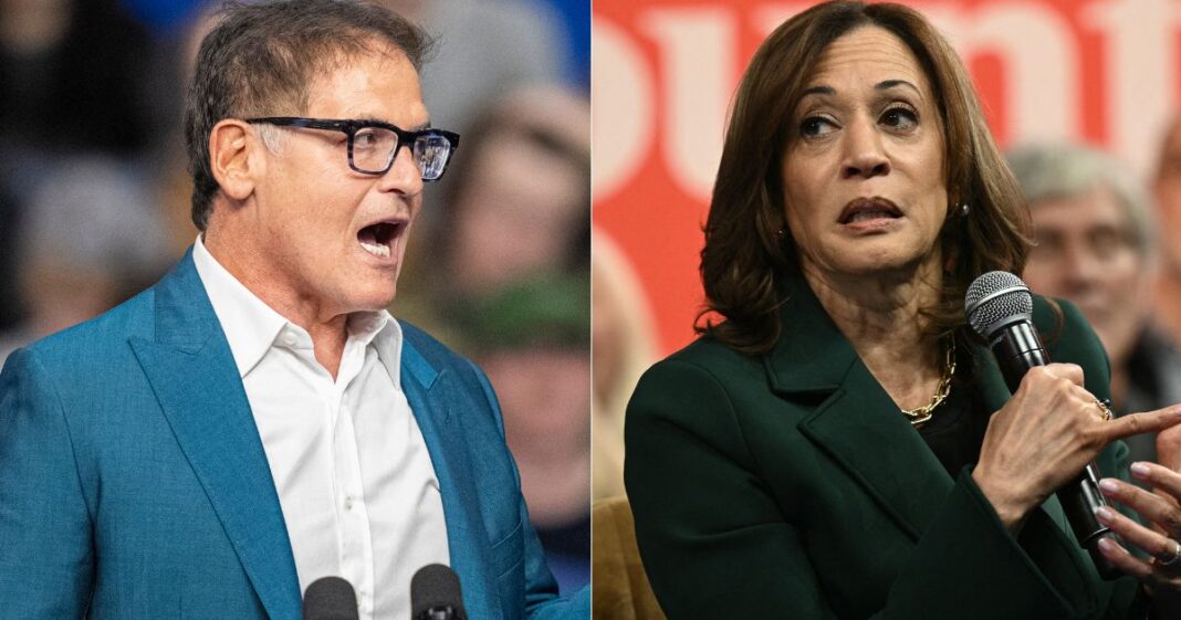 At a town hall for Vice President Kamala Harris, right, in Phoenix, Arizona, Mark Cuban, left, spoke out against one of Harris' policies.