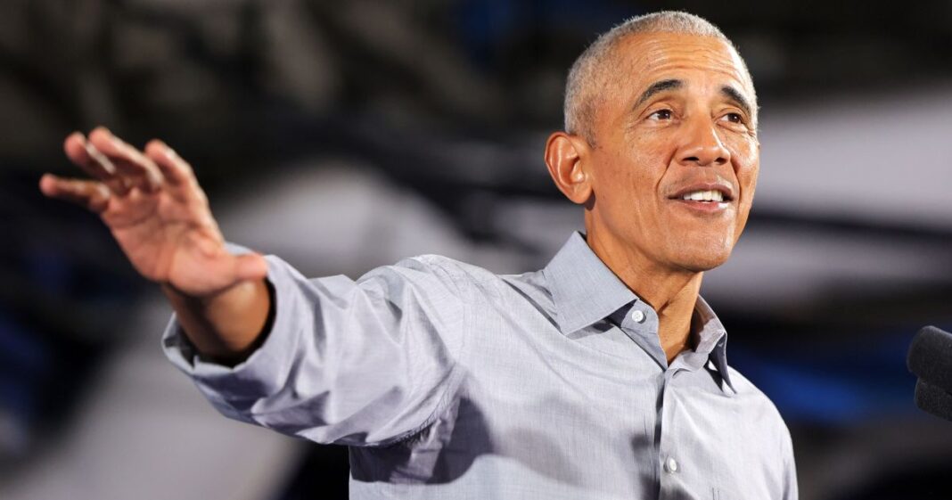 Former U.S. President Barack Obama speaks during a get-out-the-vote rally as he campaigns for Democratic presidential nominee and U.S. Vice President Kamala Harris, her running mate, Minnesota Gov. Tim Walz, and Nevada Democratic candidates on the ballot on the first day of early voting at Cheyenne High School on October 19, 2024 in North Las Vegas, Nevada.