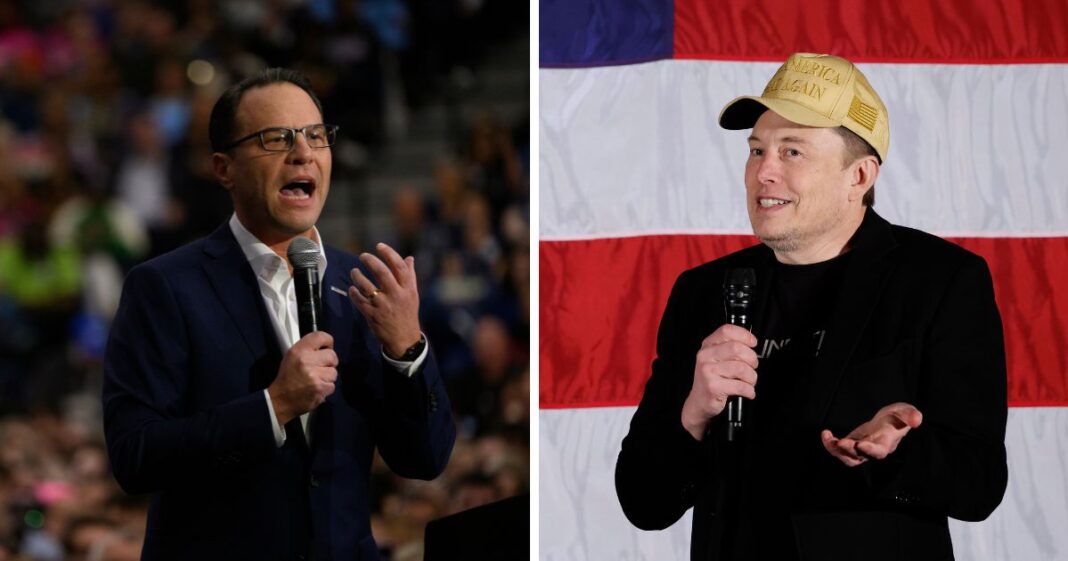 (L) Pennsylvania Gov. Josh Shapiro speaks during a campaign event for Democratic presidential nominee, U.S. Vice President Kamala Harris at the University of Pittsburgh on October 10, 2024 in Pittsburgh, Pennsylvania. (R) SpaceX and Tesla founder Elon Musk participates in a town hall-style meeting to promote early and absentee voting at Ridley High School on October 17, 2024 in Folsom, Pennsylvania.