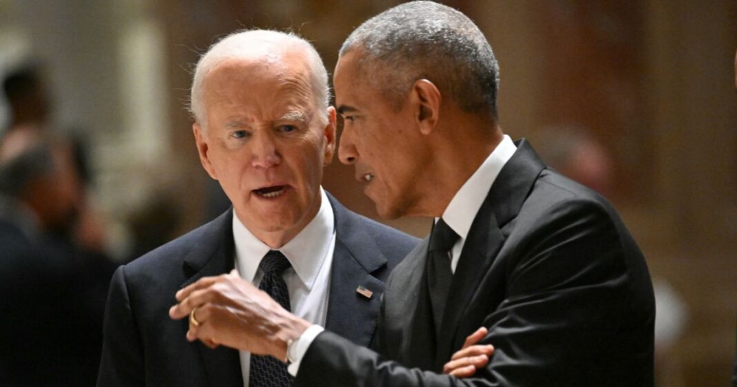 President Joe Biden speaking with former President Barack Obama at the memorial service for Ethel Kennedy on Oct. 16, 2024.