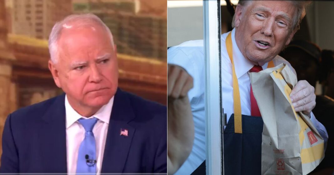 During "The View" on Monday, Gov. Tim Walz, left, took time to complain about former President Donald Trump, right, serving French fries at a McDonald's in Feasterville-Trevose, Pennsylvania, on Sunday.