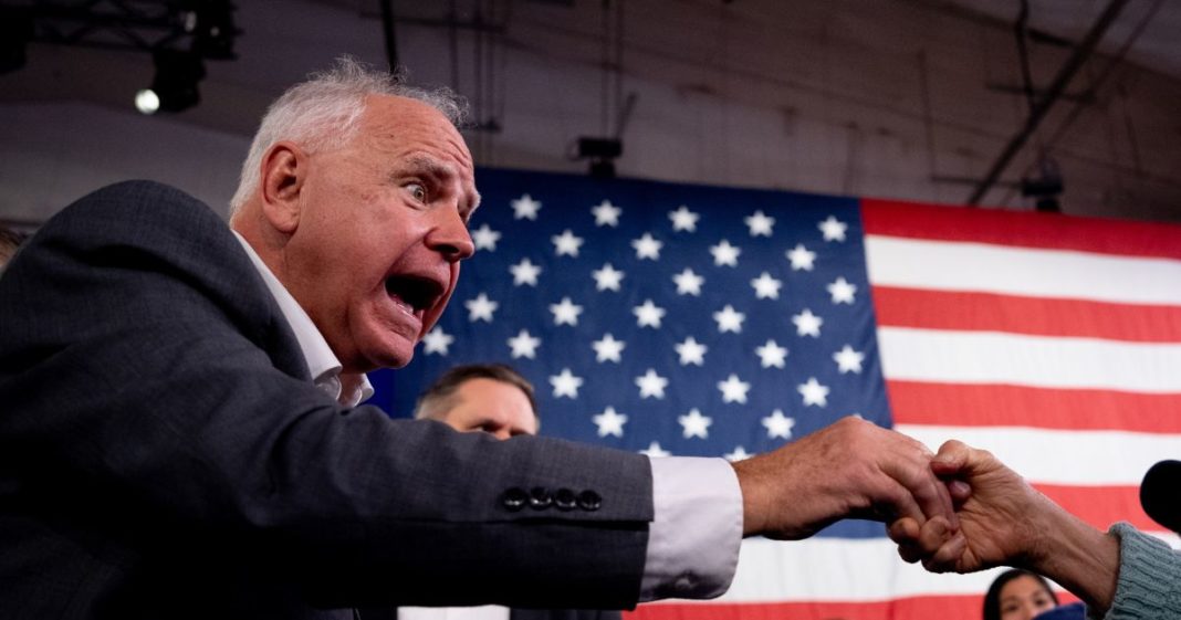 Democratic vice presidential candidate Minnesota Gov. Tim Walz greets supporters after speaking at a rally at York Exposition Center UPMC Arena on October 2, 2024 in York, Pennsylvania.