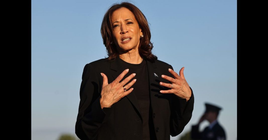 Democratic presidential nominee, Vice President Kamala Harris speaks to the media before boarding Air Force Two after assessing the Hurricane Helene recovery response in North Carolina on October 5, 2024 in Charlotte, North Carolina.