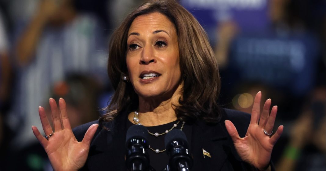 Vice President Kamala Harris campaigns for the presidency Sunday during a rally at the Erie Insurance Arena in Erie, Pennsylvania.