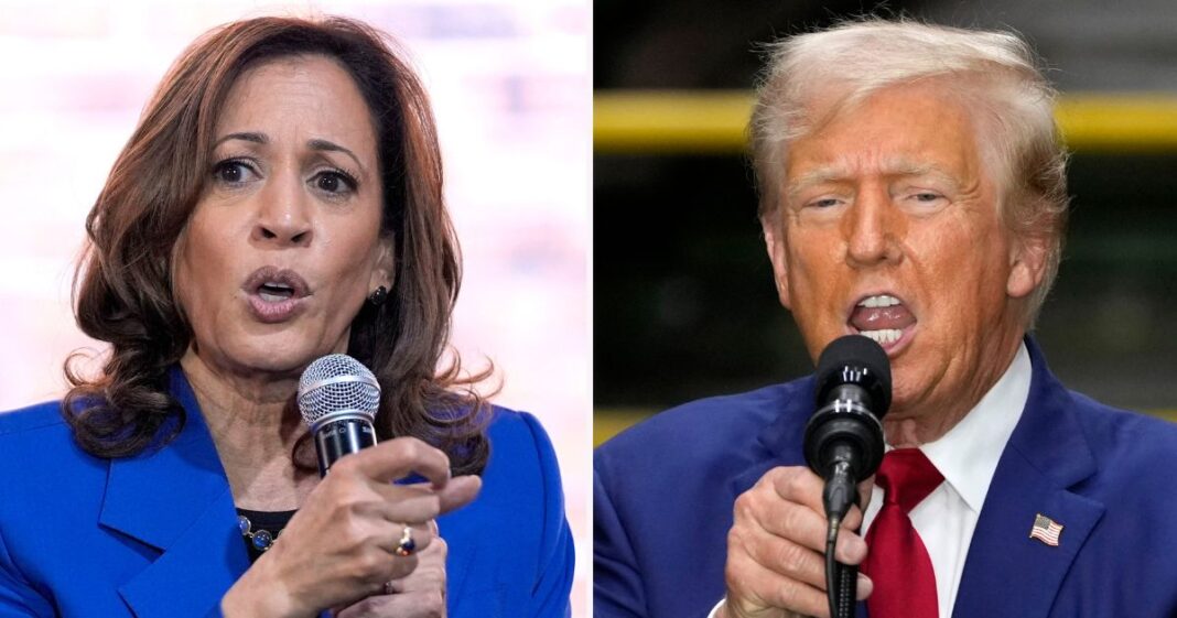 The campaign for former President Donald Trump, right, filed an FEC complaint on the campaign for Vice President Kamala Harris for using U.K. Labour Party staff to campaign in battleground states.