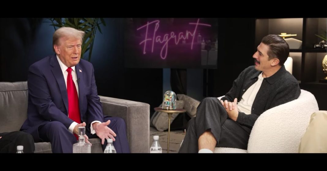 This YouTube screen shot shows former President Donald Trump (L) and "Flagrant" podcast host Andrew Schulz (R) speaking during an episode posted Oct. 9.