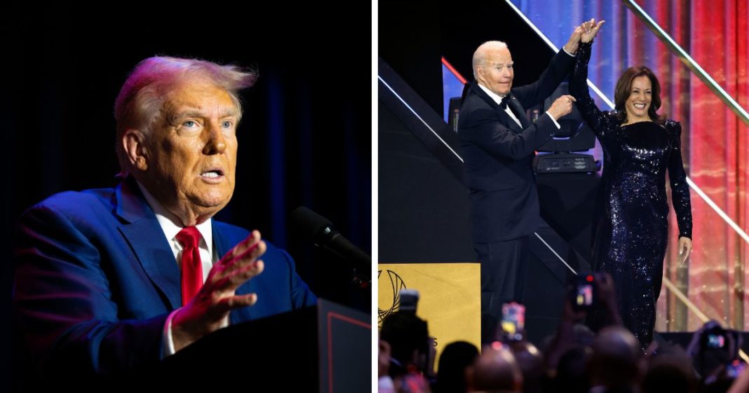 (L) Republican presidential nominee, former U.S. President Donald Trump speaks to attendees during a campaign rally at the Prairie Du Chien Area Arts Center on September 28, 2024 in Prairie du Chien, Wisconsin. (R) U.S. President Joe Biden introduces Vice President Kamala Harris at the Congressional Black Caucus Foundation 2024 Phoenix Awards at the Walter E. Washington Convention Center on September 14, 2024 in Washington, DC.