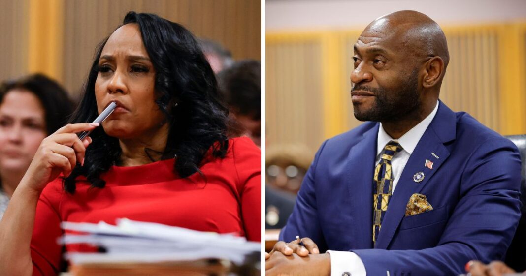 (L) Fulton County District Attorney Fani Willis looks on during a hearing in the case of the State of Georgia v. Donald John Trump at the Fulton County Courthouse on March 1, 2024, in Atlanta, Georgia. (R) Special prosecutor Nathan Wade sits in court during a hearing in the case of the State of Georgia v. Donald John Trump at the Fulton County Courthouse on March 1, 2024 in Atlanta, Georgia.