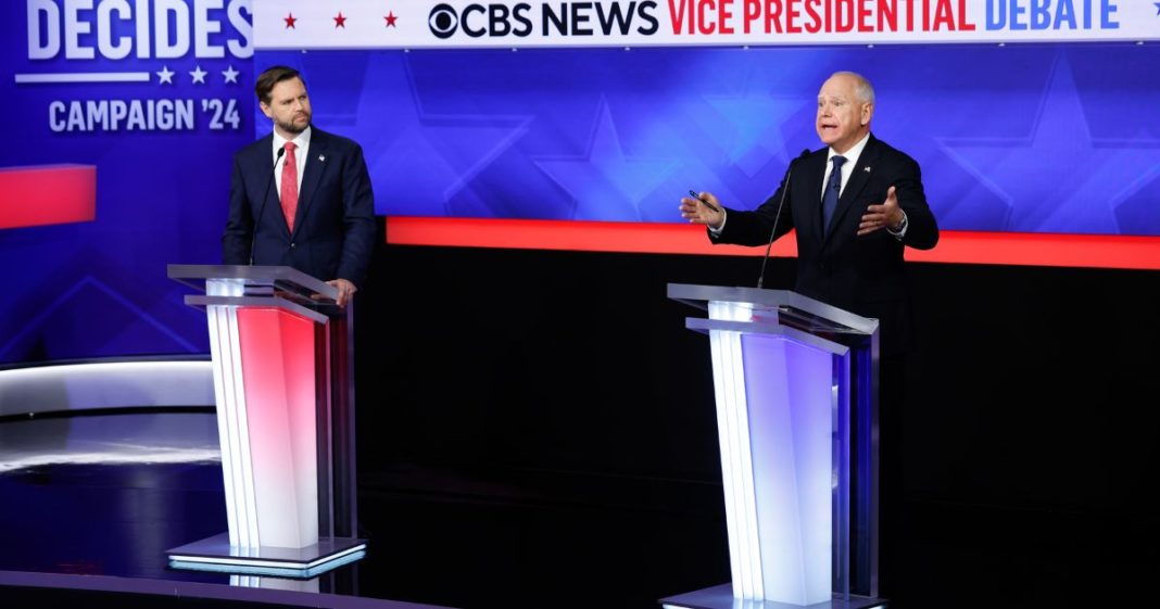 Republican vice presidential candidate, Sen. JD Vance (R-OH), and Democratic vice presidential candidate, Minnesota Gov. Tim Walz, participate in a debate at the CBS Broadcast Center on October 1, 2024 in New York City.